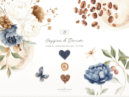 Coffee & Denim - Floral Arrangements Clipart, Blue Ivory Flowers, Coffee Aesthetic,  Botanical | 21 PNG