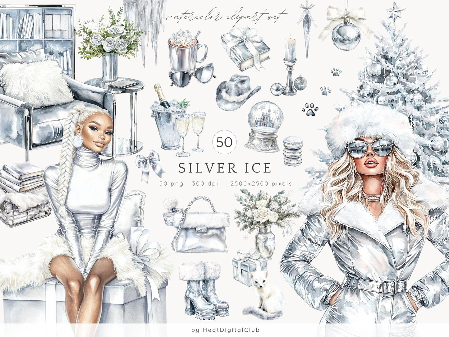 Silver Ice - Collection Bundle, Cozy Winter Clipart, Modern, Christmas | 72 PNG/JPEG