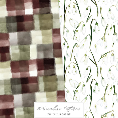 Early Spring - Seamless Patterns, Moody Pattern, Snowdrops | 10 JPEG