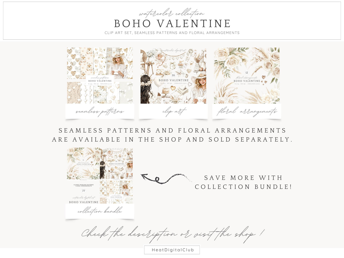 Boho Valentine - Romantic Clipart, Rustic Love | 55 PNG