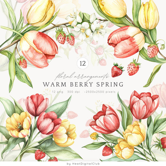 Warm Berry Spring - Floral Arrangements Clipart, Tulips Flowers | 12 PNG