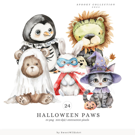 Halloween Paws - Cute Animals, Spooky Clipart, Halloween Costumes, Kids | 24 PNG