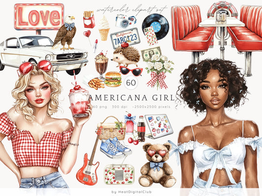 Americana Girl – Retro Summer Clipart Set | 60 PNG