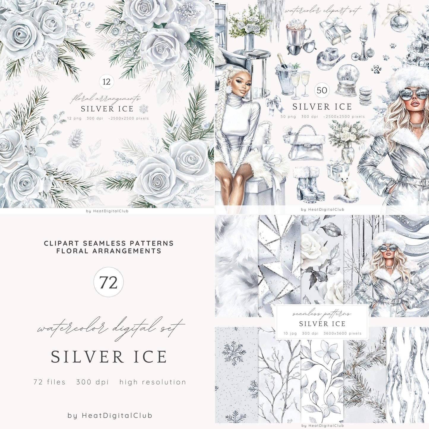Silver Ice - Collection Bundle, Cozy Winter Clipart, Modern, Christmas | 72 PNG/JPEG