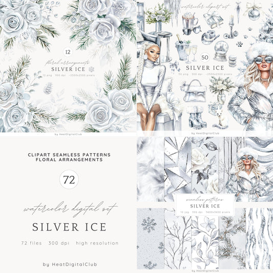 Silver Ice - Collection Bundle, Cozy Winter Clipart, Modern, Christmas | 72 PNG/JPEG