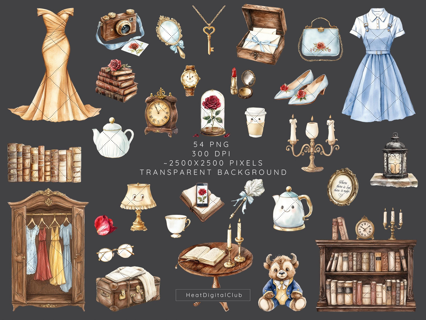 Belle's Modern Tale -  Beauty and the Beast, Fairytale Clipart | 54 PNG