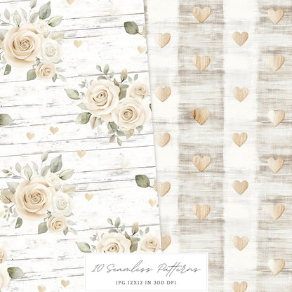 Boho Valentine - Valentines Day Seamless Patterns, Rustic, Romantic | 10 JPEG