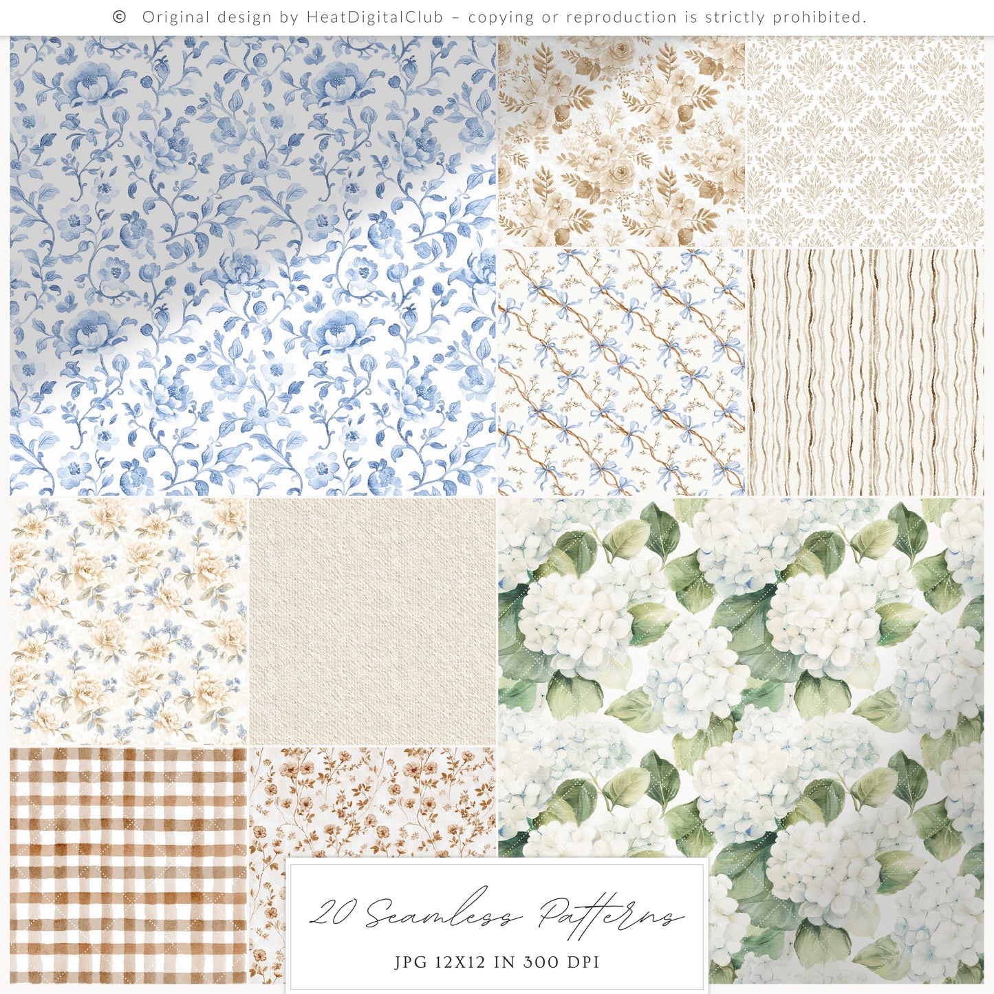 Quiet Cottage - Seamless Patterns, French Cottagecore Hydrangea, Gingham, Chinoiserie, Vintage | 20 JPEG