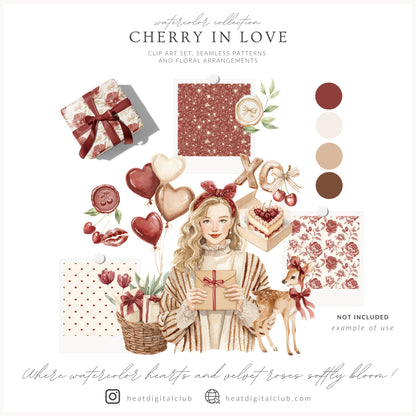 Cherry in Love - Valentine' Day Seamless Patterns, Romantic Love, Hearts Floral, Gingham | 20 JPEG
