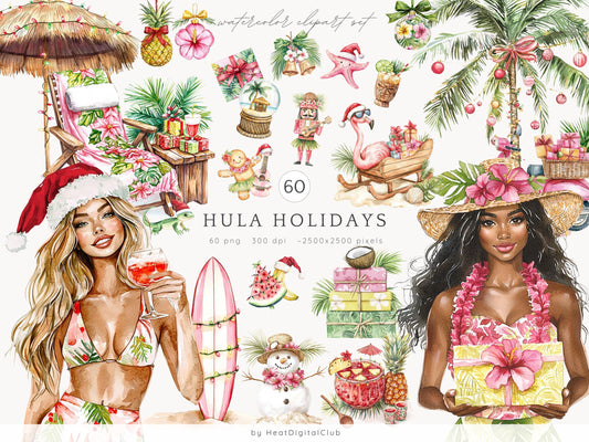 Hula Holidays - Hawaiian Winter Clipart, Ocean Christmas, Tropical | 60 PNG