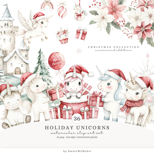Holiday Unicorns - Cute Christmas Unicorn, Fantasy Xmas Clipart, Winter Baby | 36 PNG