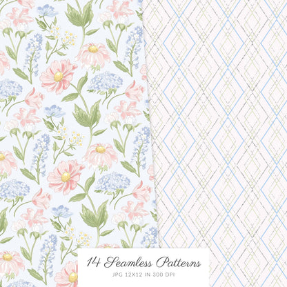 Grandmillennial - Seamless Patterns, Pastel Floral, Stripes, Plaid, Glitter | 14 JPEG