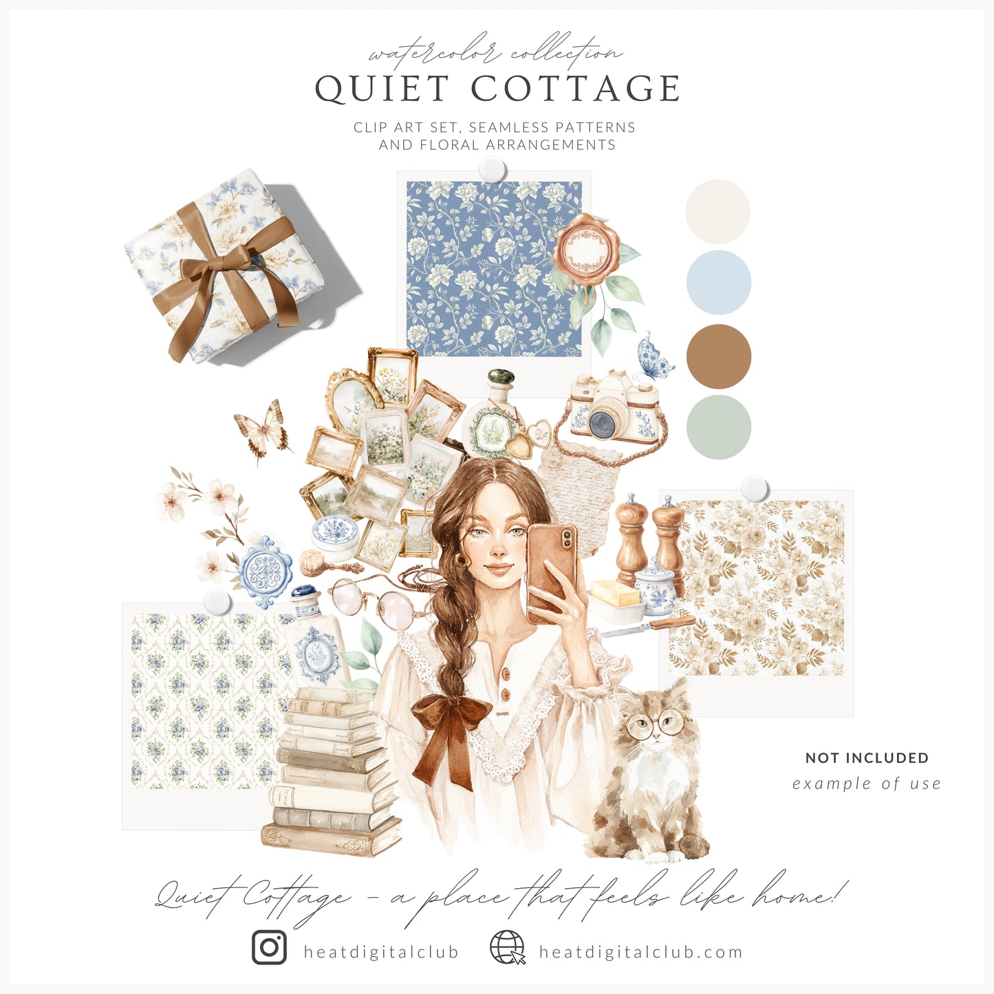Quiet Cottage - Seamless Patterns, French Cottagecore Hydrangea, Gingham, Chinoiserie, Vintage | 20 JPEG