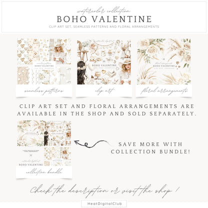 Boho Valentine - Valentines Day Seamless Patterns, Rustic, Romantic | 10 JPEG