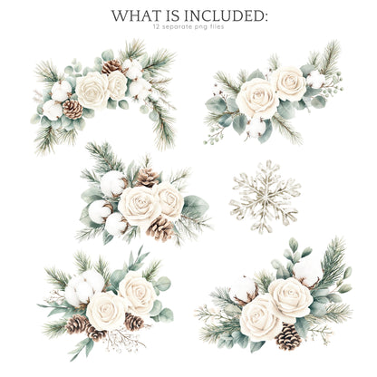 Vanilla Winter - Floral Arrangement, Cozy Roses Clipart, Poinsettia | 12 PNG