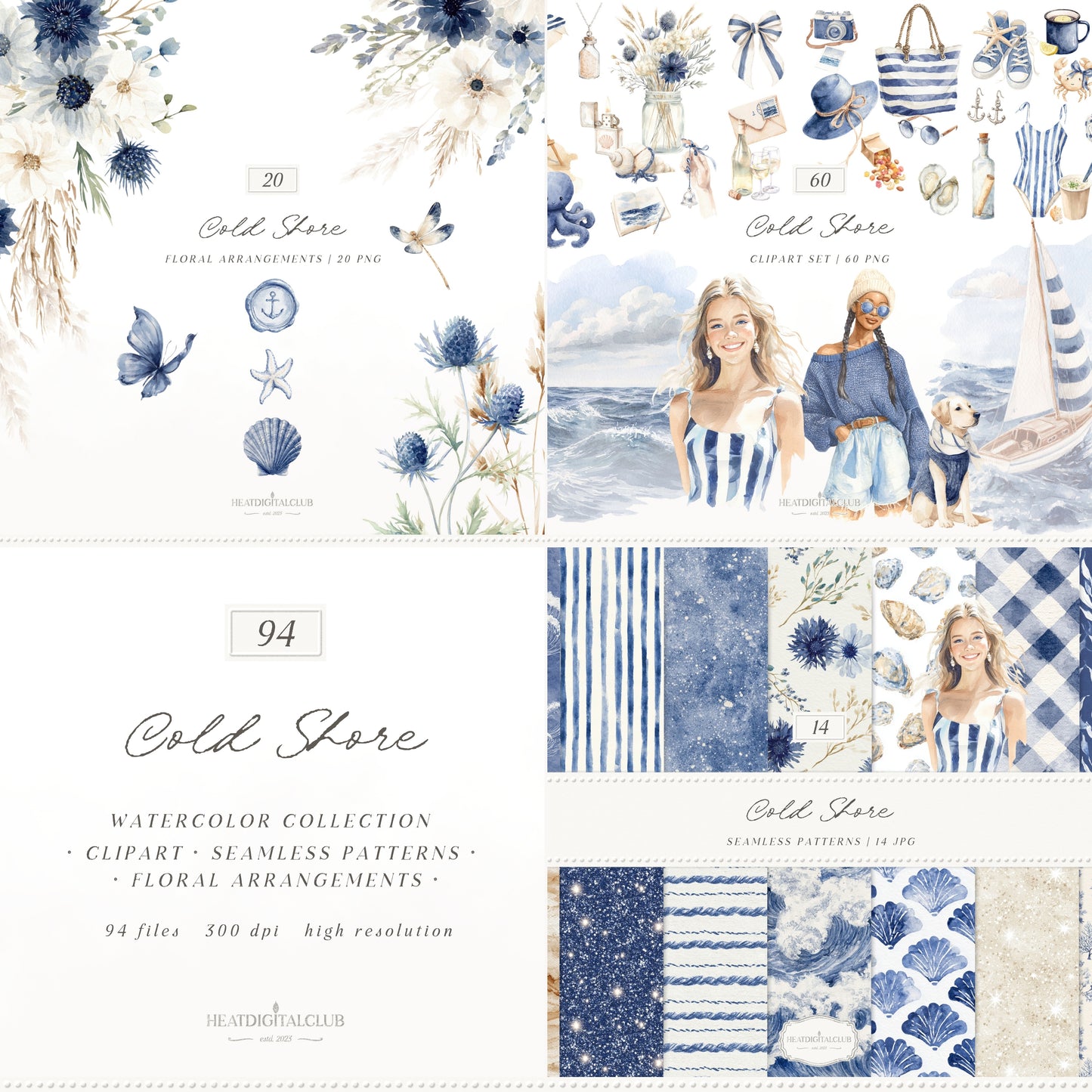 Cold Shore - Clipart Bundle, Navy Coastal Girls, Summer Beach, Nautical Graphics, Blue Sea Fashion | 94 PNG/JPEG