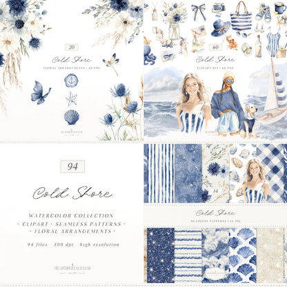 Cold Shore - Clipart Bundle, Navy Coastal Girls, Summer Beach, Nautical Graphics, Blue Sea Fashion | 94 PNG/JPEG