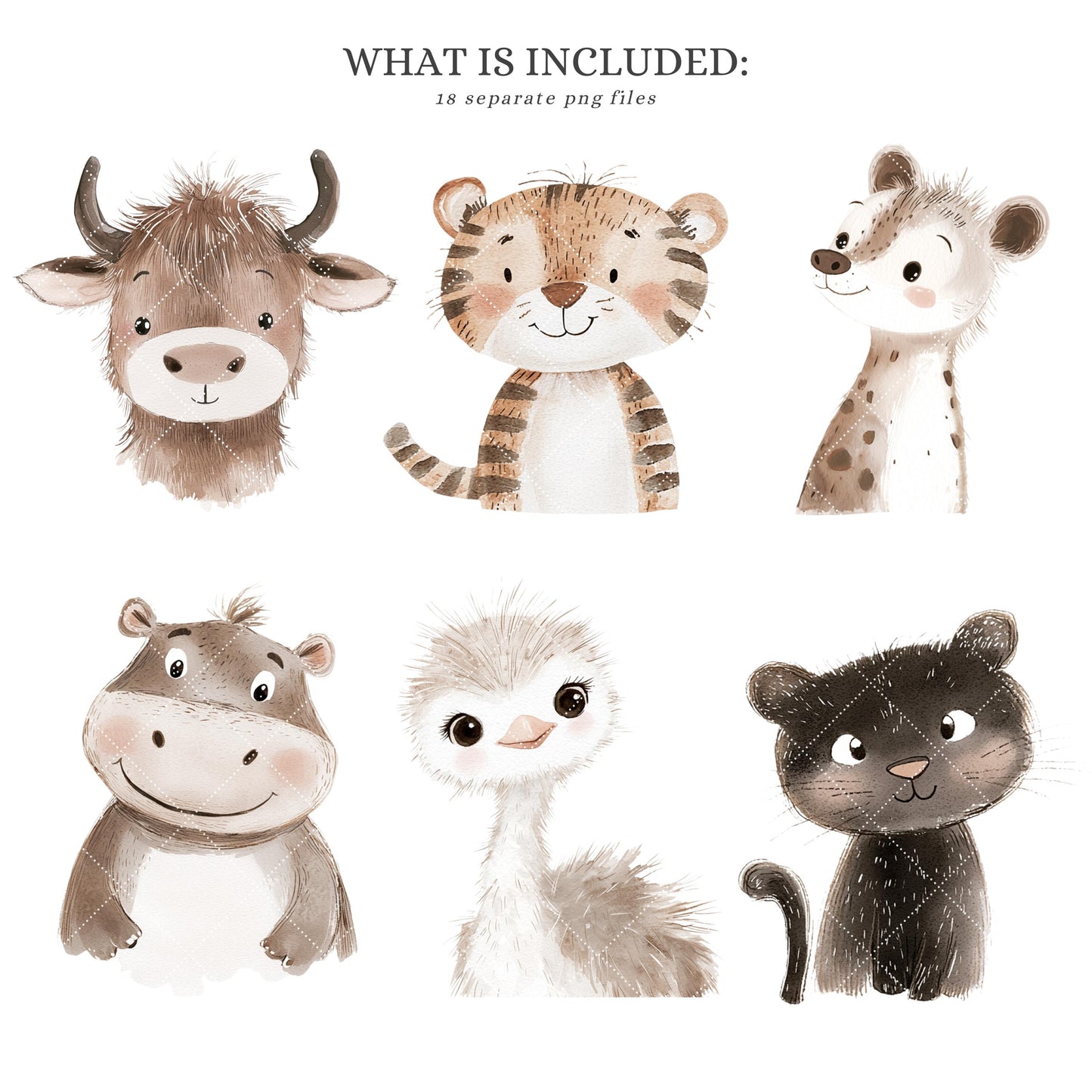 Safari Portraits - Cute Animals Clipart, Baby Shower, Nursery, Boho Tropical | 18 PNG