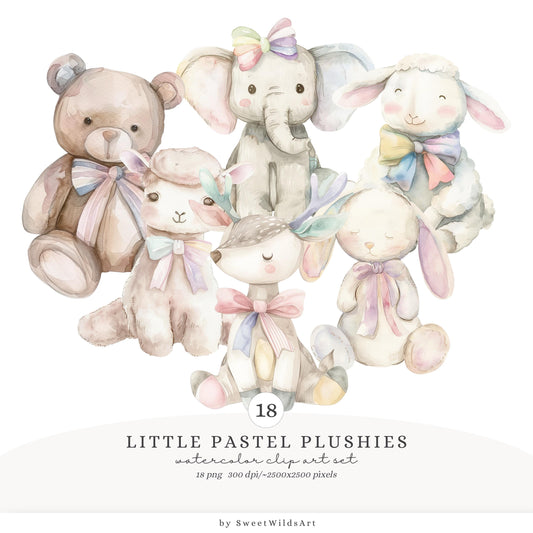 Little Pastel Plushies - Animals Clipart, Cozy Vintage Nursery Animal | 18 PNG