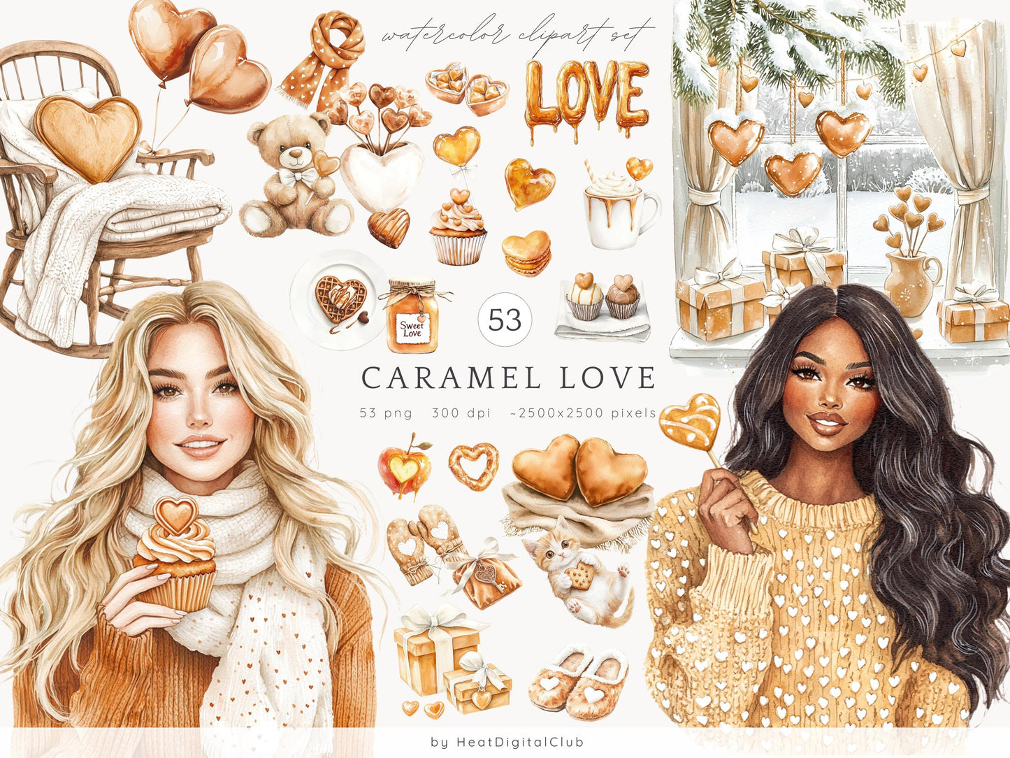 Caramel Love - Collection Bundle, Valentines Day Clipart, Romantic | 75 PNG/JPEG
