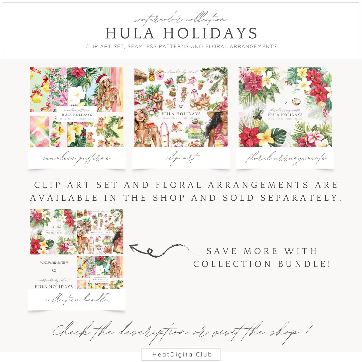 Hula Holidays - Seamless Patterns, Hawaiian Christmas, Ocean | 10 JPEG