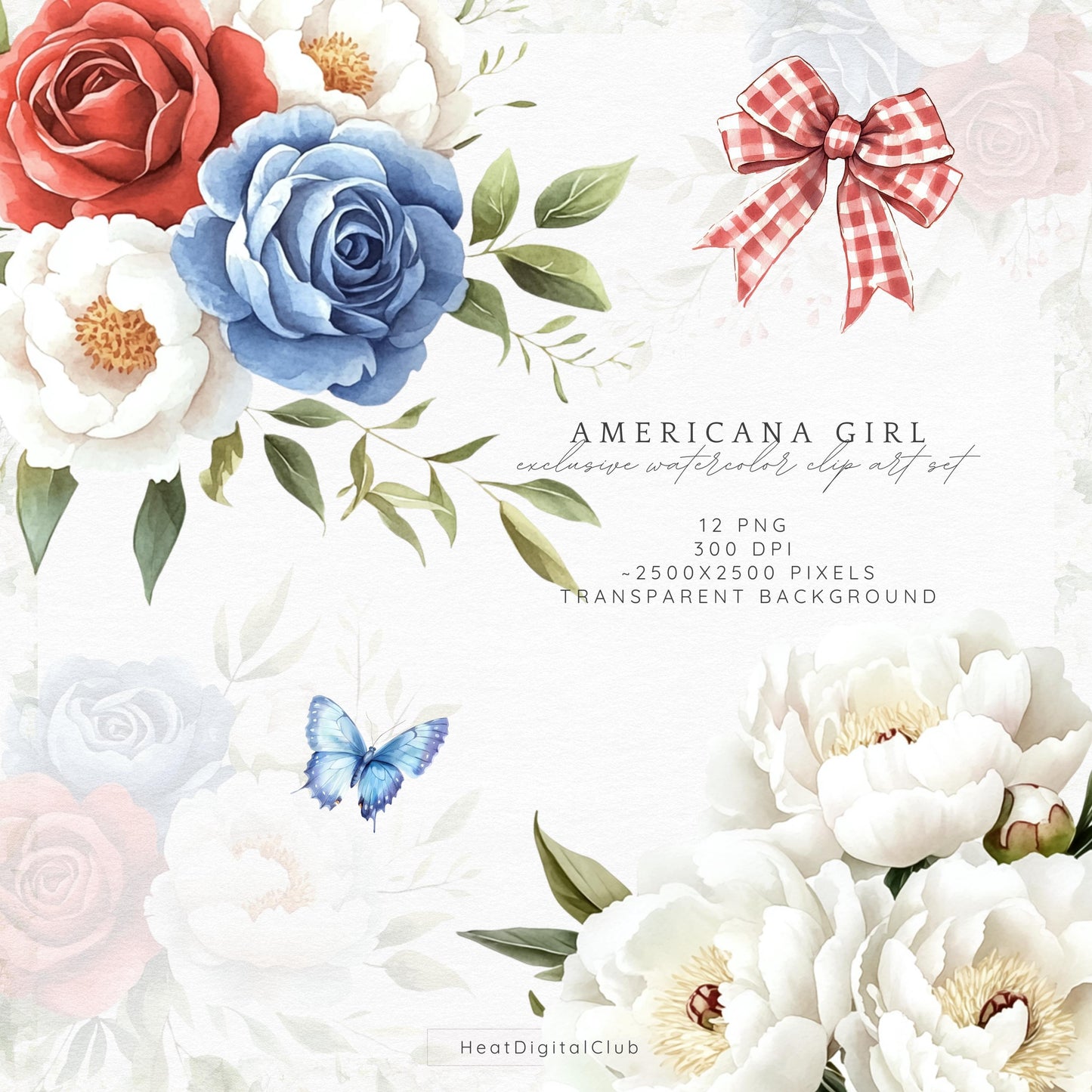 Americana Girl – Watercolor Florals, Red, White & Blue | 12 PNG