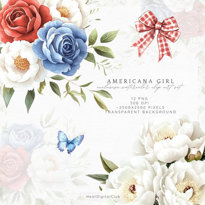 Americana Girl – Watercolor Florals, Red, White & Blue | 12 PNG