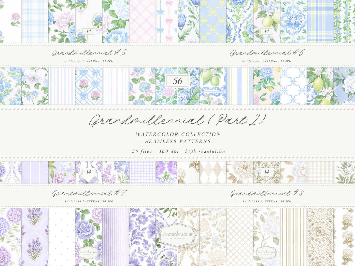 Grandmillennial Part 2 - Seamless Patterns Bundle, Pink Blue Lavender Beige Estate Patterns | 56 JPEG