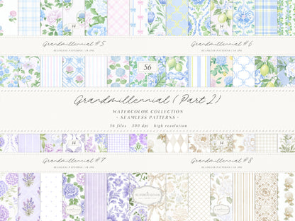 Grandmillennial Part 2 - Seamless Patterns Bundle, Pink Blue Lavender Beige Estate Patterns | 56 JPEG