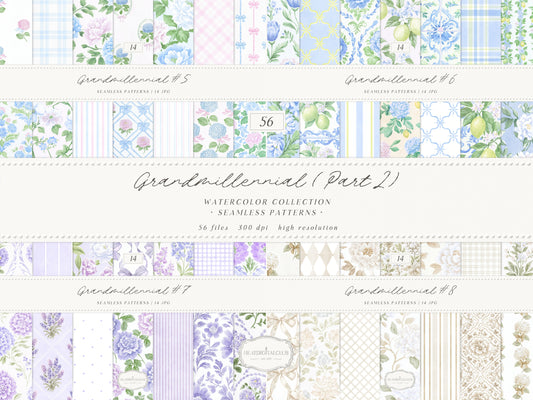 Grandmillennial Part 2 - Seamless Patterns Bundle, Pink Blue Lavender Beige Estate Patterns | 56 JPEG
