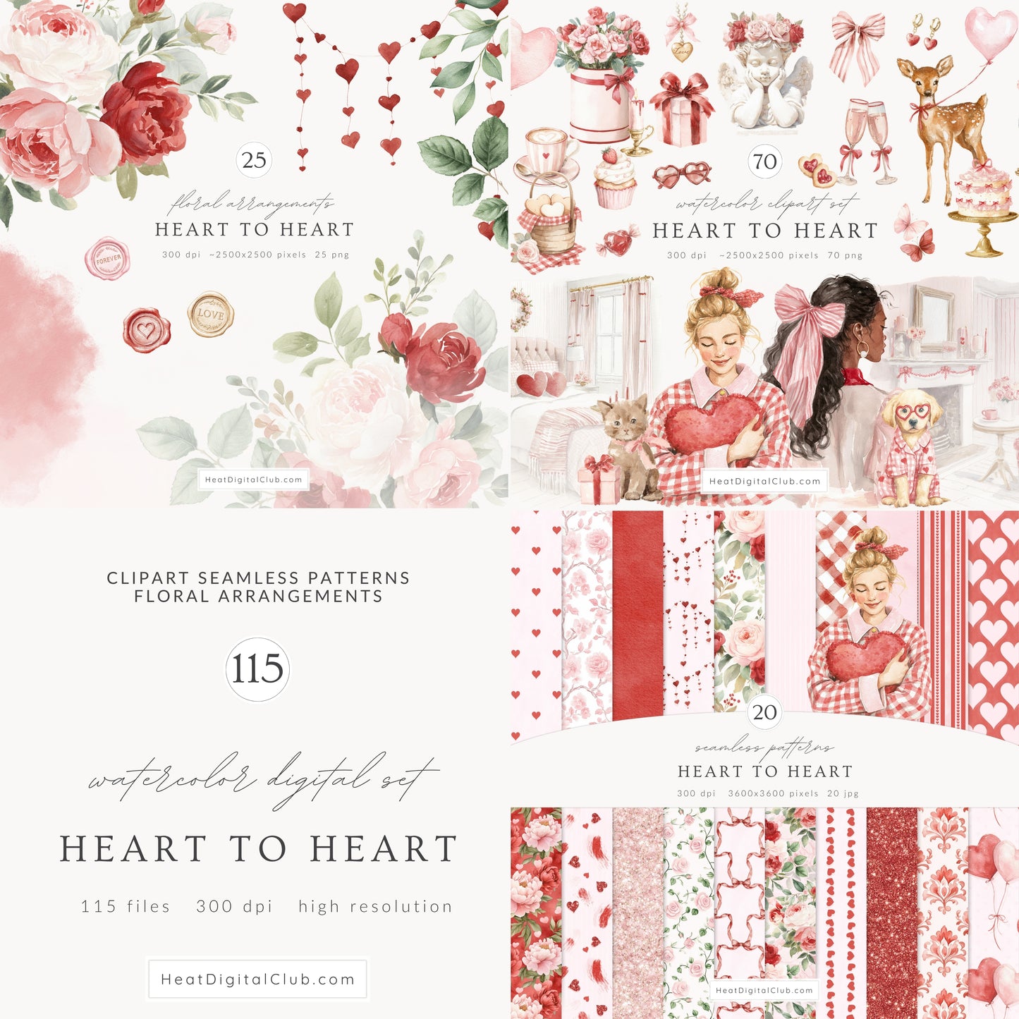 Heart to Heart - Valentine's Day Clipart, Cute Animals, Hearts, Bows, Romantic Love | 115 PNG/JPEG