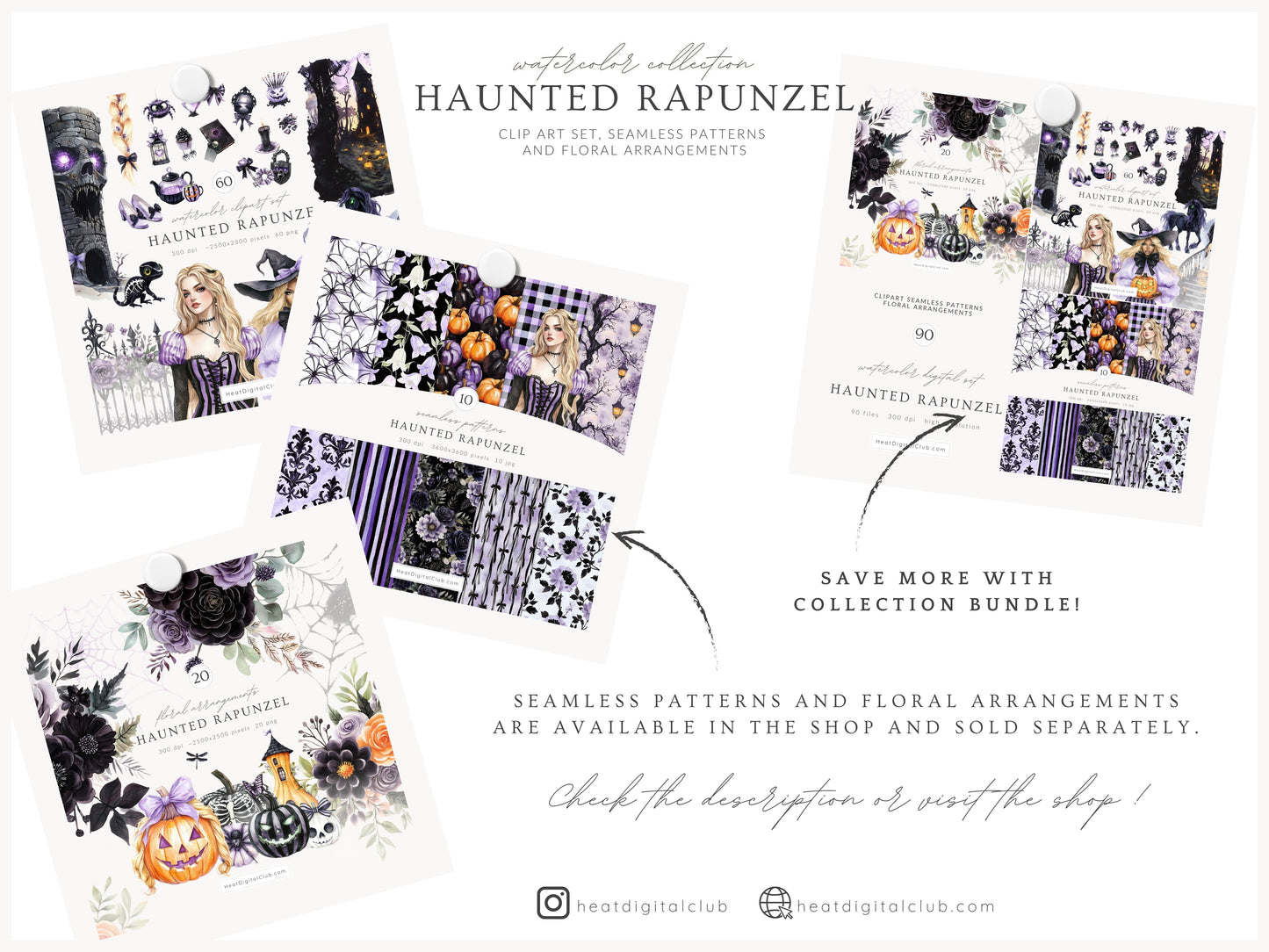 Haunted Rapunzel - Watercolor Clipart Set, Fairytale Gothic Halloween | 60 PNG