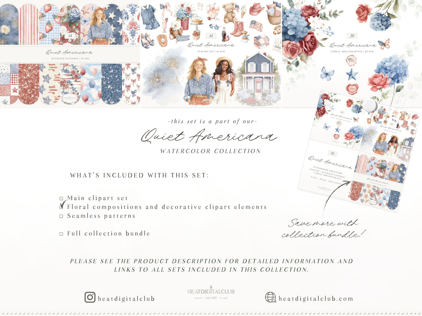 Quiet Americana - Floral Arrangements Clipart, Hydrangea Roses, Patriotic Flowers, Bouquets, 4th of July | 20 PNG