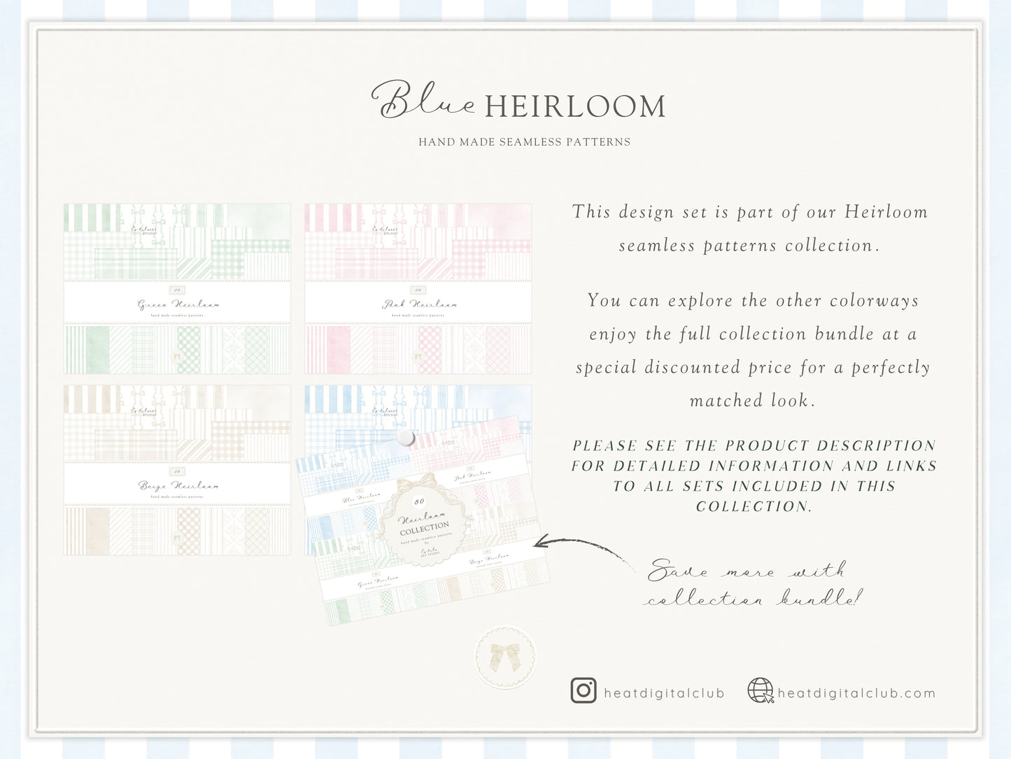 Blue Heirloom - Seamless Patterns, Classic Stripe Gingham Damask Bows, Elegant Digital Paper | 20 JPEG