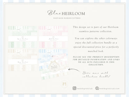 Blue Heirloom - Seamless Patterns, Classic Stripe Gingham Damask Bows, Elegant Digital Paper | 20 JPEG