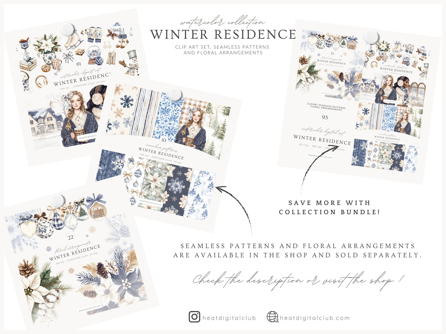 Winter Residence - Watercolor Clipart Sets, Elegant Cozy Christmas | 61 PNG