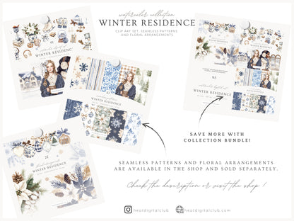 Winter Residence - Watercolor Clipart Sets, Elegant Cozy Christmas | 61 PNG