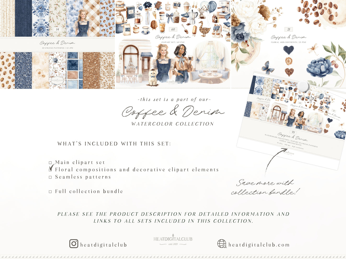 Coffee & Denim - Floral Arrangements Clipart, Blue Ivory Flowers, Coffee Aesthetic,  Botanical | 21 PNG