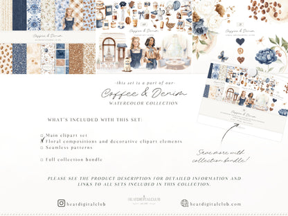 Coffee & Denim - Floral Arrangements Clipart, Blue Ivory Flowers, Coffee Aesthetic,  Botanical | 21 PNG