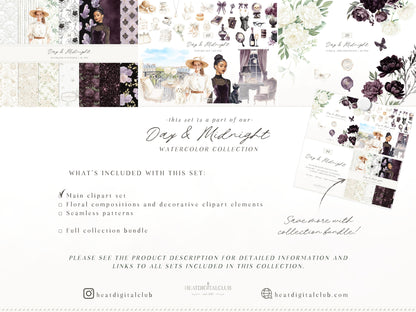 Day & Midnight - Clipart Set, Romantic Dark Gothic Clipart, Feminine, Cottagecore | 60 PNG