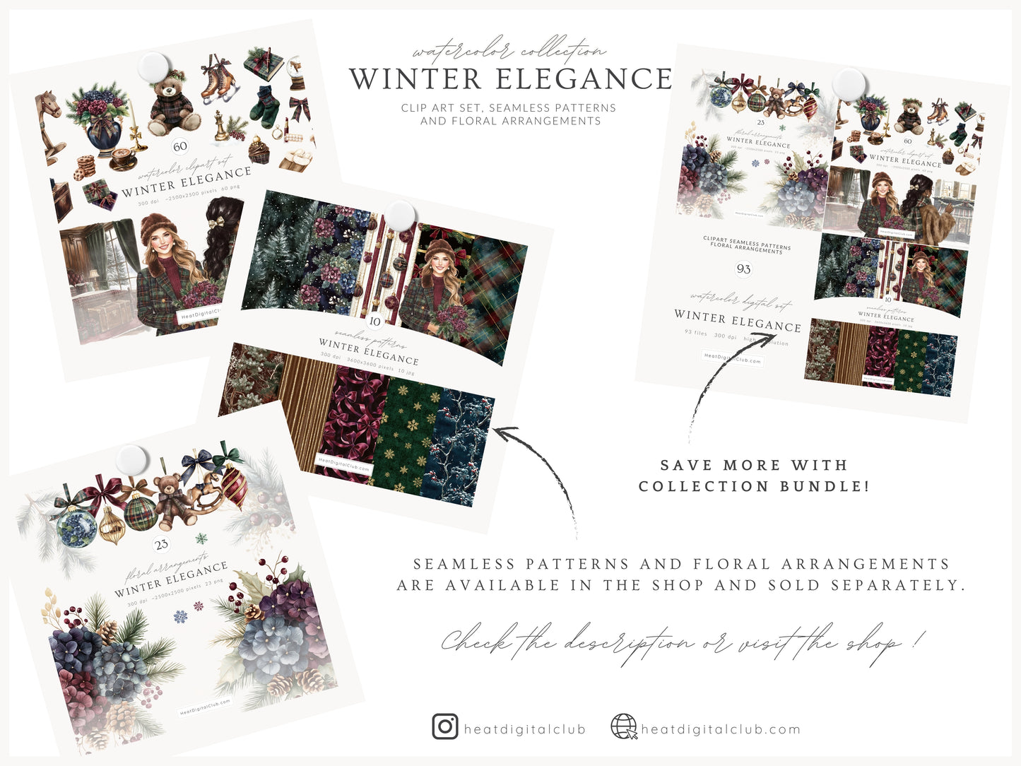 Winter Elegance - Watercolor Clipart, Aristocratic Christmas, Tartan Holiday | 60 PNG