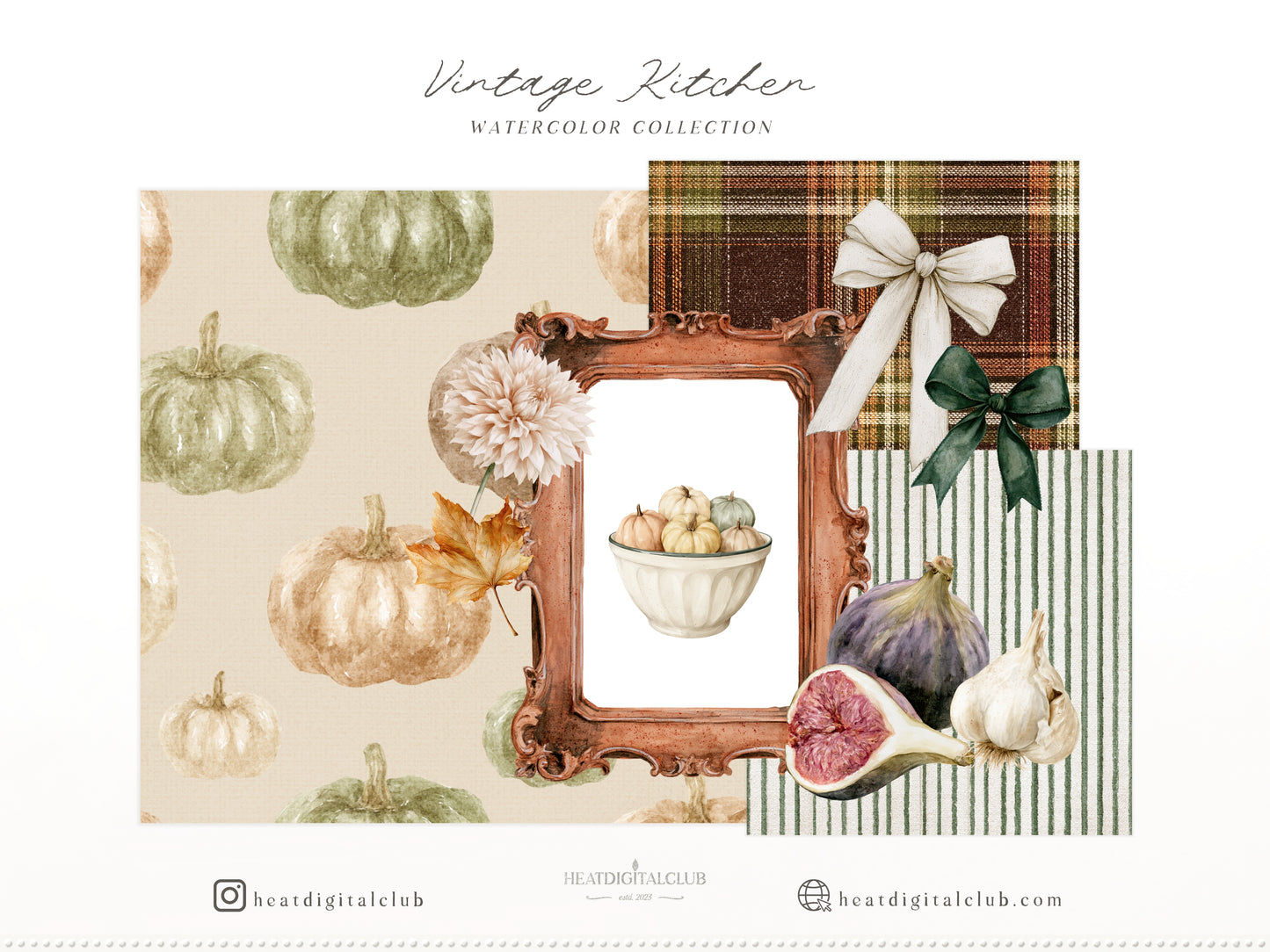 Vintage Kitchen - Clipart, Autumn Kitchen, Heirloom Fall, Cooking, Pear Pumpkin Garlic Herbs | 74 PNG/JPEG
