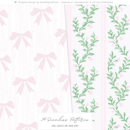 Merry Christmas - Seamless Patterns Set 4, Grandmillennial Holiday, Stripes, Plaid | 14 JPEG