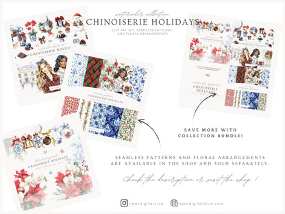 Chinoiserie Holidays - Clipart Set, Christmas, Tartan, Elegant Grandmillennial Winter | 66 PNG
