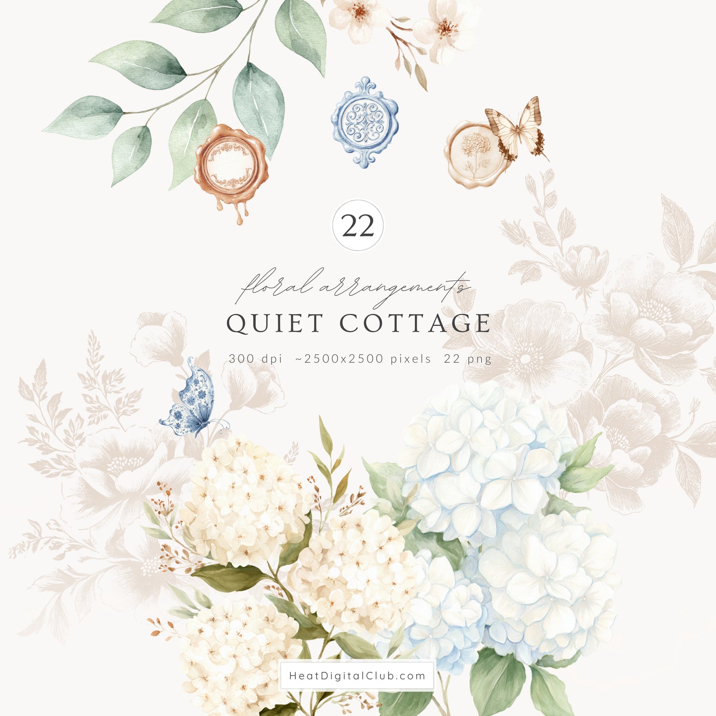 Quiet Cottage - Floral Arrangements Clipart, Hydrangea, French Garden Bouquet, Cottagecore | 22 PNG