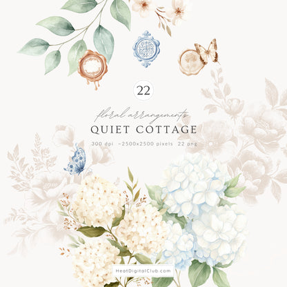 Quiet Cottage - Floral Arrangements Clipart, Hydrangea, French Garden Bouquet, Cottagecore | 22 PNG
