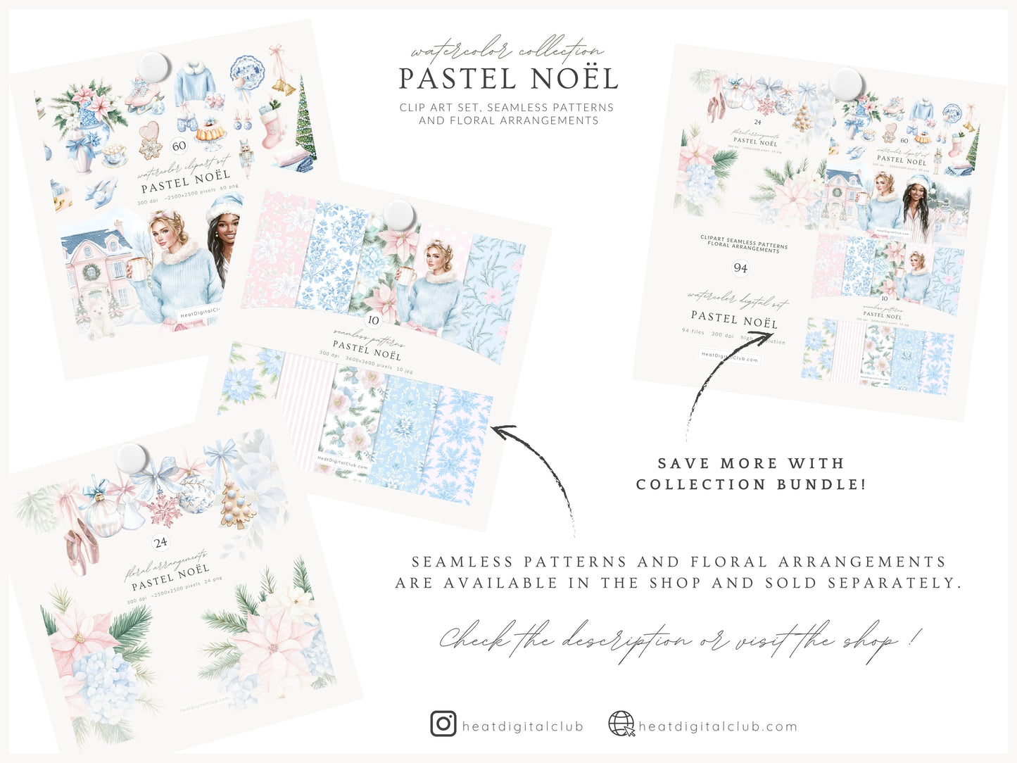 Pastel Noël - Christmas Clipart, Grandmillennial Winter, Pink & Blue Holiday | 60 PNG