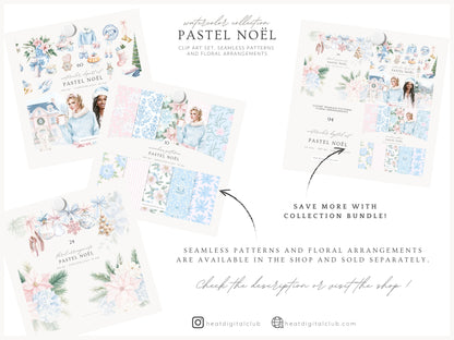 Pastel Noël - Christmas Clipart, Grandmillennial Winter, Pink & Blue Holiday | 60 PNG