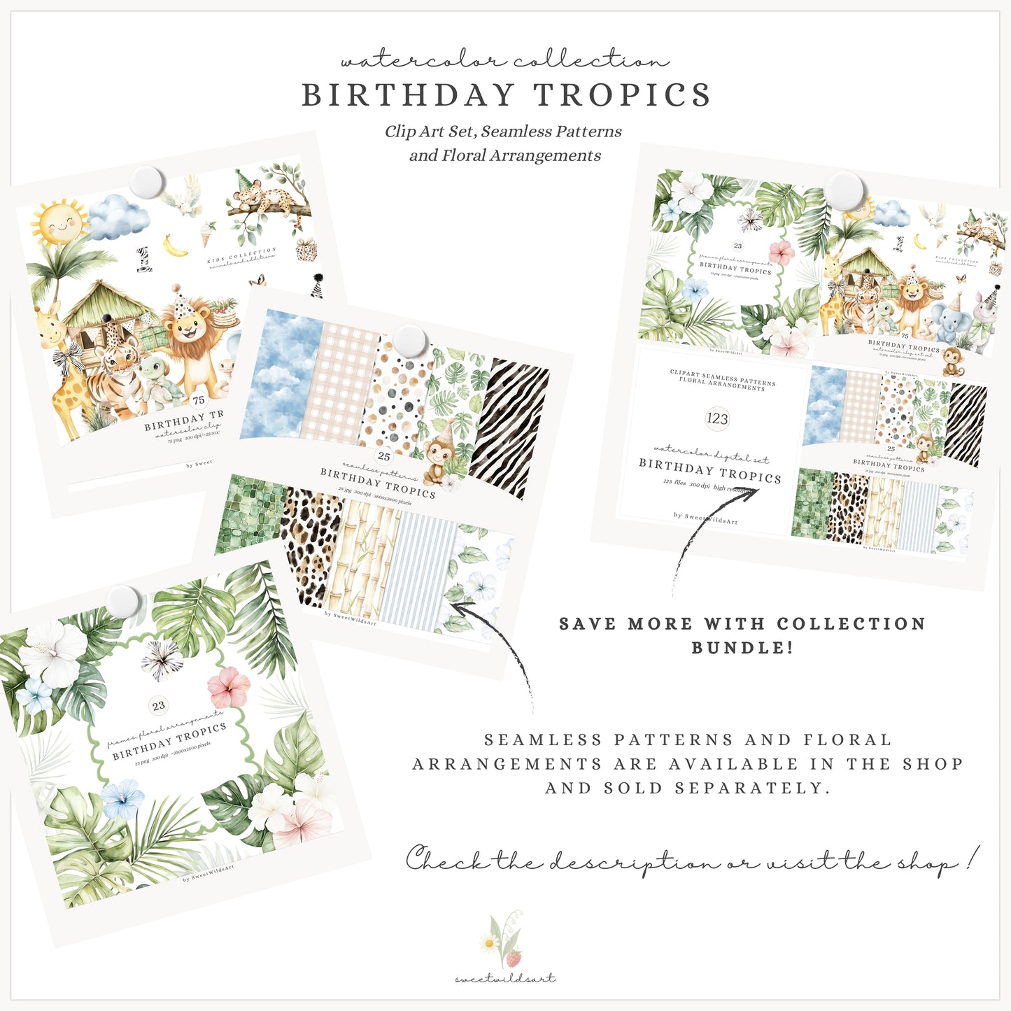 Birthday Tropics - Jungle Clipart, Baby Animals, Tropical, Safari Nursery | 75 PNG