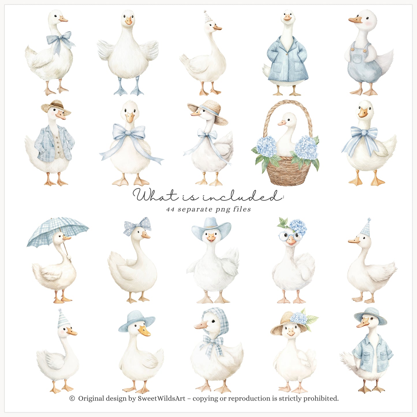Boy Goose - Clipart, Blue Silly Goose, Coquette Nursery, Birthday | 44 PNG